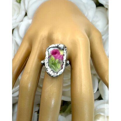 Antique Rose Ring Made From Fine Bone Broken China Encased With Silver Blend Metalwork Size 6.6