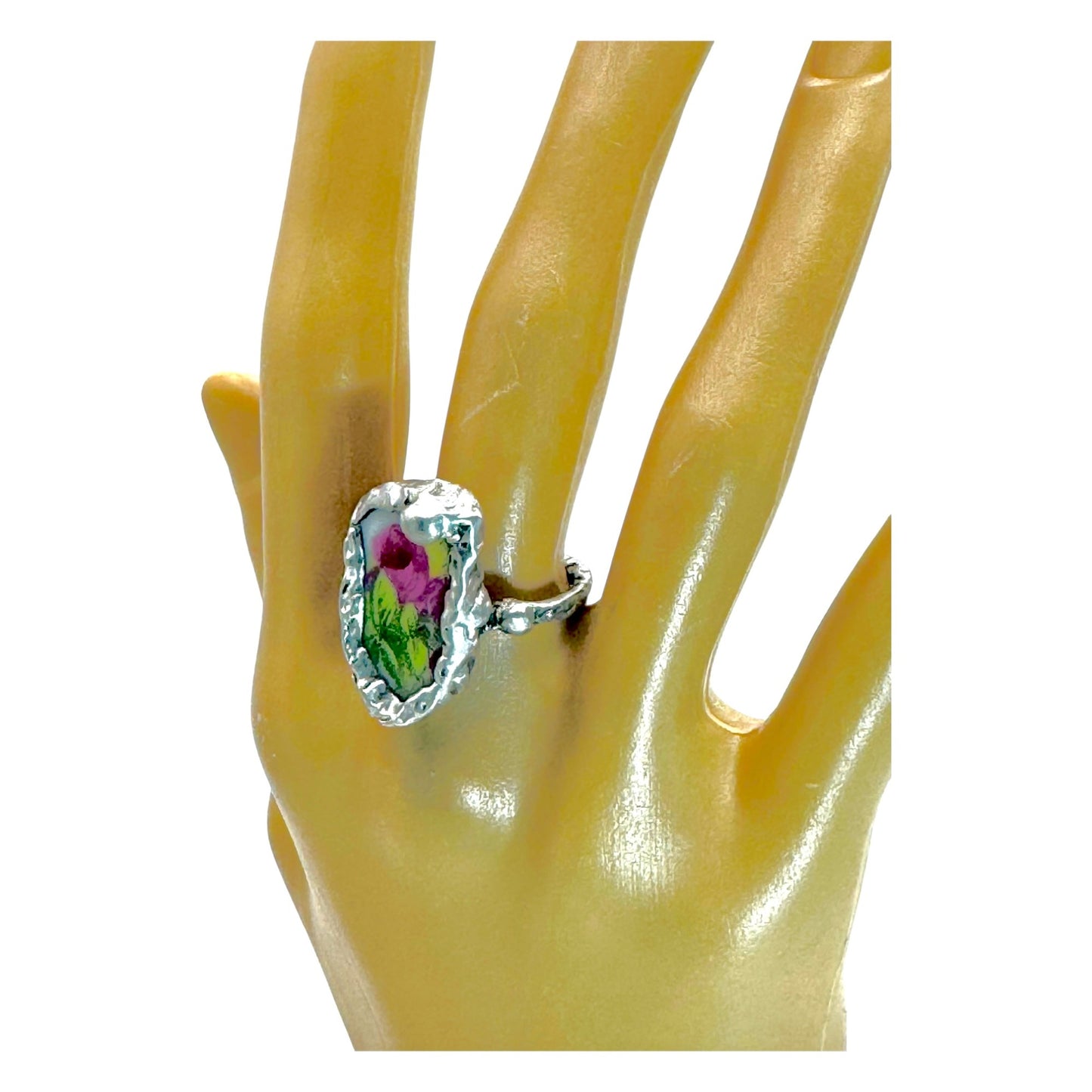 Antique Rose Ring Made From Fine Bone Broken China Encased With Silver Blend Metalwork Size 6.6