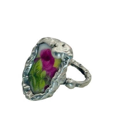 Antique Rose Ring Made From Fine Bone Broken China Encased With Silver Blend Metalwork Size 6.6