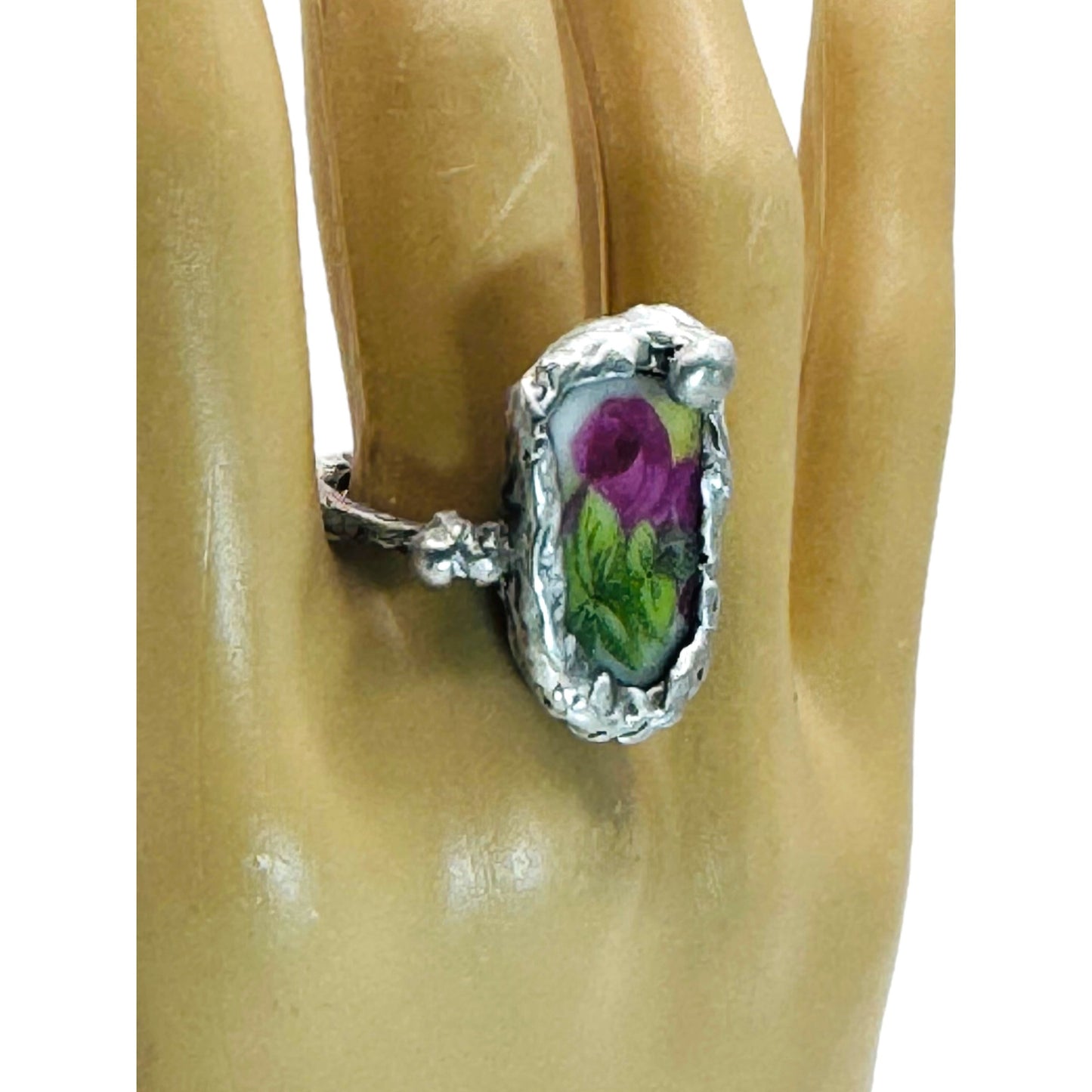 Antique Rose Ring Made From Fine Bone Broken China Encased With Silver Blend Metalwork Size 6.6