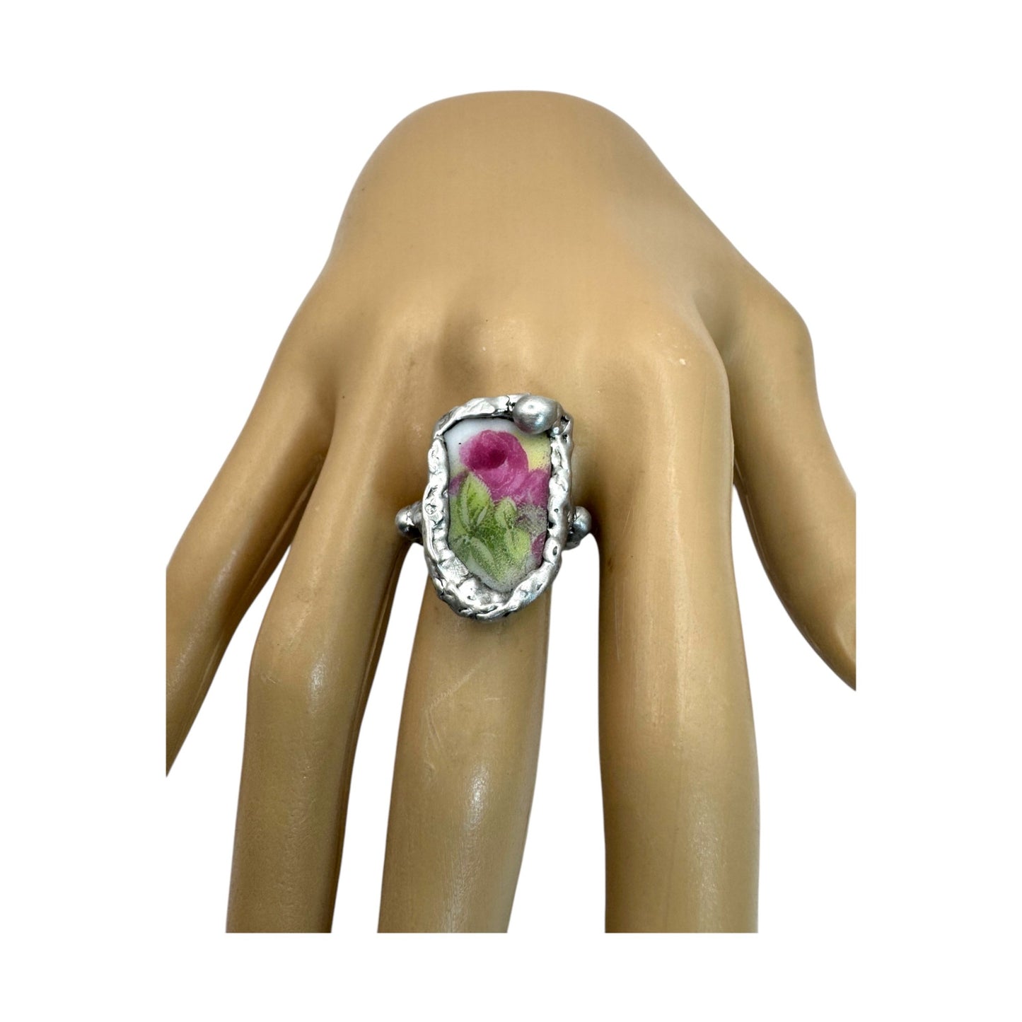 Antique Rose Ring Made From Fine Bone Broken China Encased With Silver Blend Metalwork Size 6.6