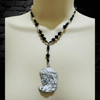 Art Nuveau Clay Lady Pendant with Artisan Crystal Bead Necklace