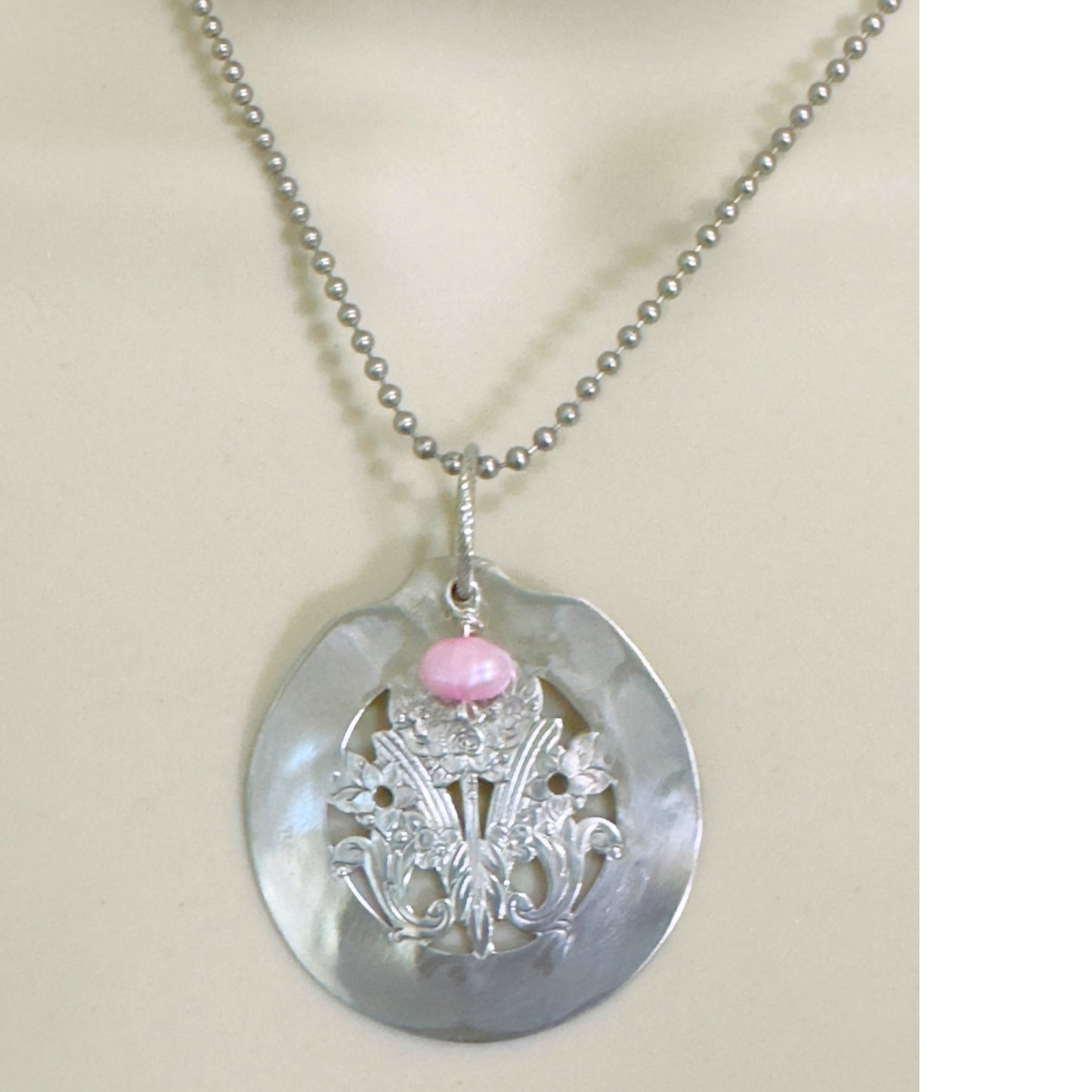 Floral Cutout Spoon Pendant with Freshwater Pearl Charm Handcrafted From Vintage Silverware