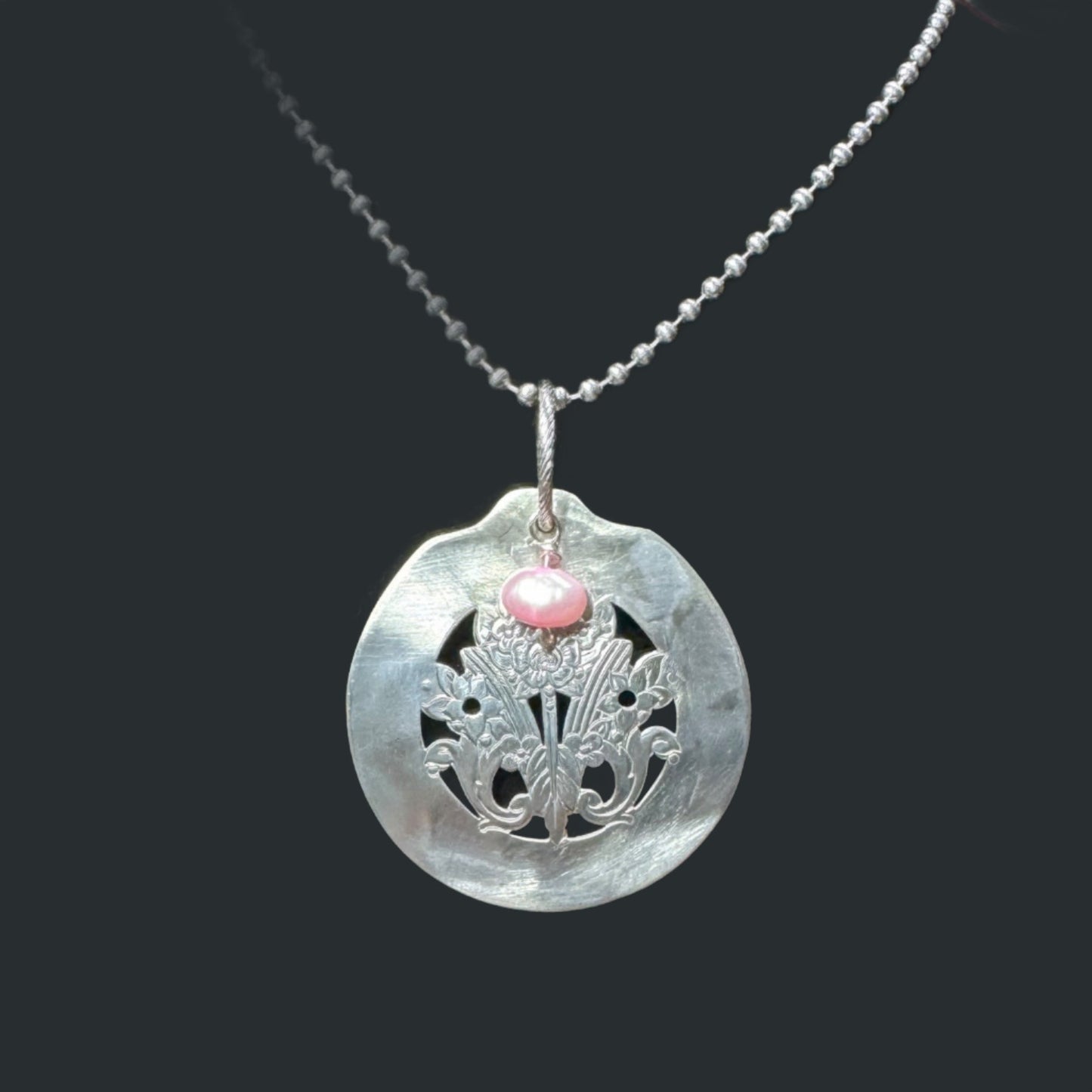 Floral Cutout Spoon Pendant with Freshwater Pearl Charm Handcrafted From Vintage Silverware