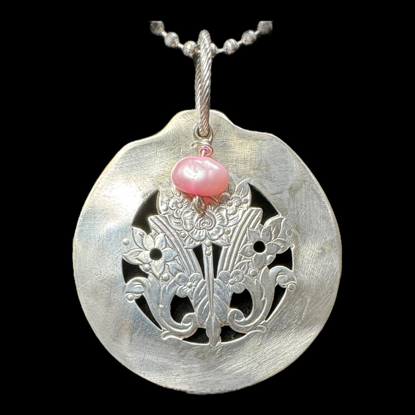 Floral Cutout Spoon Pendant with Freshwater Pearl Charm Handcrafted From Vintage Silverware