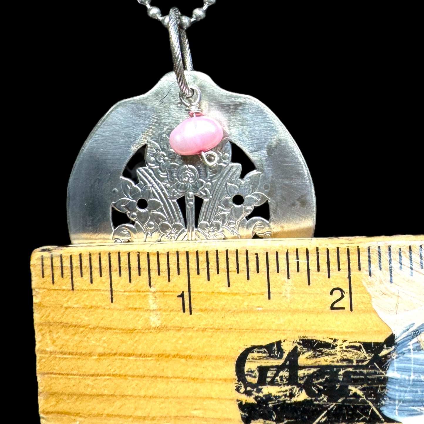 Floral Cutout Spoon Pendant with Freshwater Pearl Charm Handcrafted From Vintage Silverware