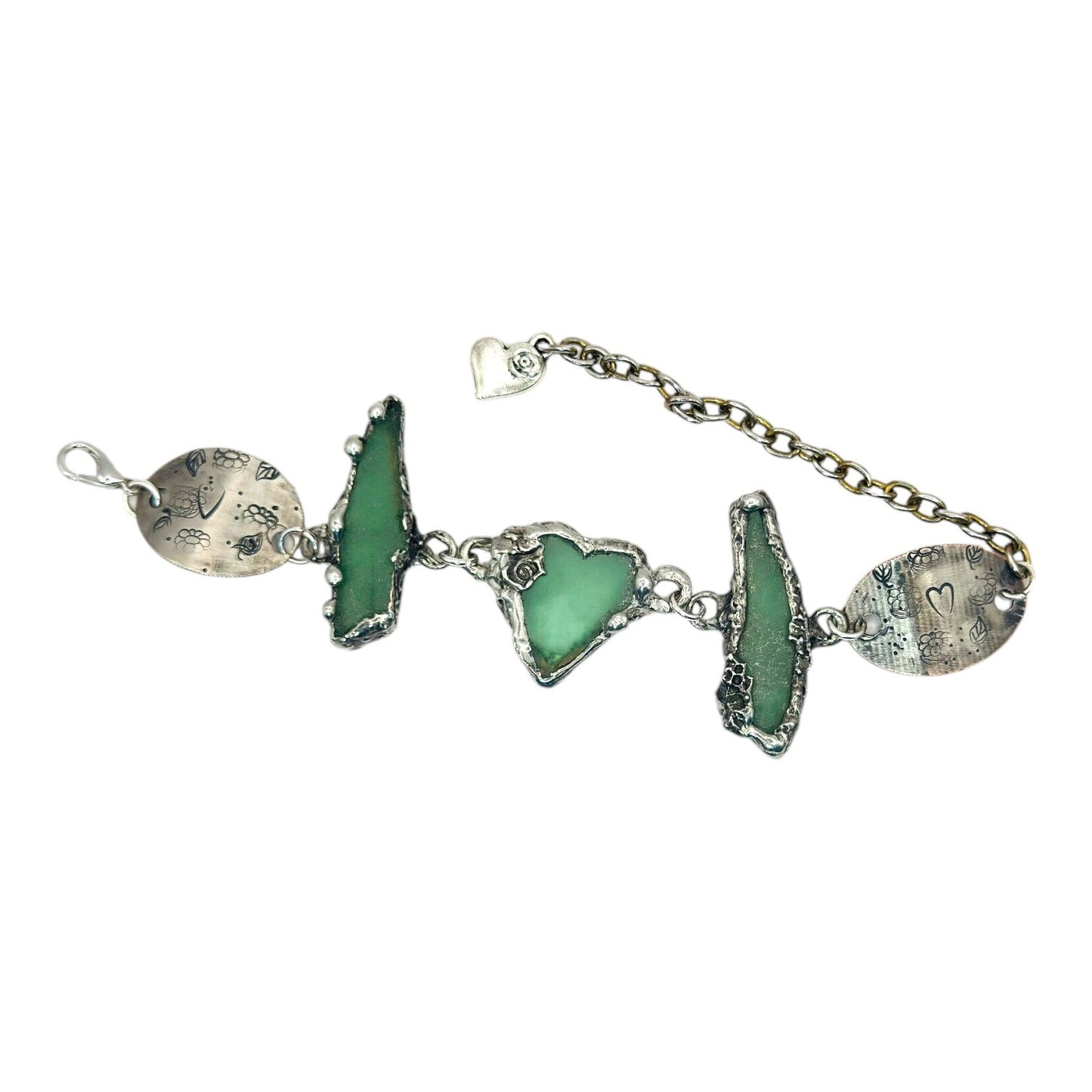 Artisan Sea Glass & Vintage Coin Boho Metalwork Bracelet With Heart Charm