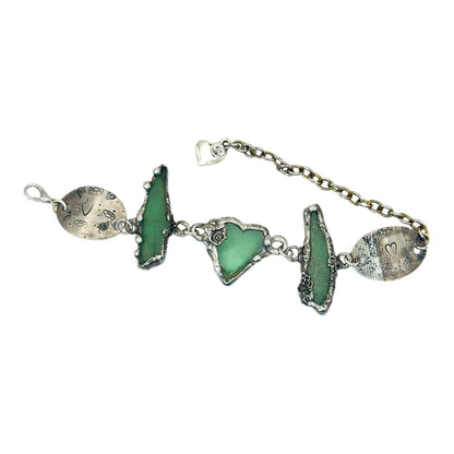 Artisan Sea Glass & Vintage Coin Boho Metalwork Bracelet With Heart Charm