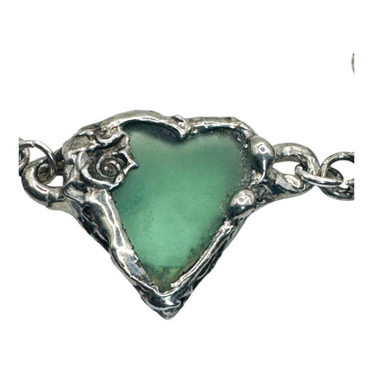 Artisan Sea Glass & Vintage Coin Boho Metalwork Bracelet With Heart Charm