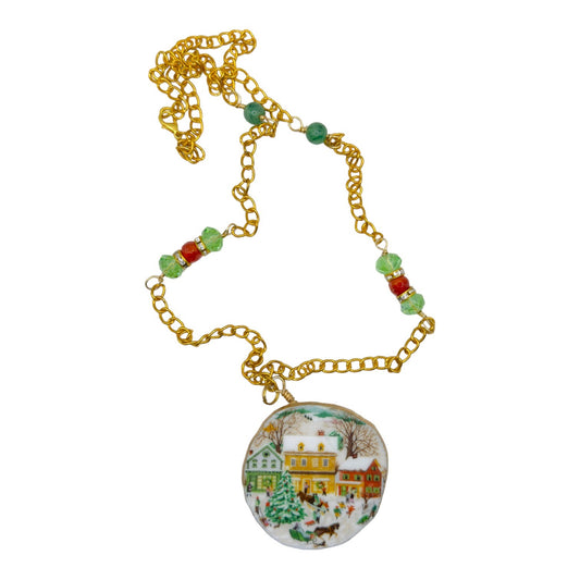 1989 Avon Country Christmas Artisan Broken China Necklace w Agate & Amber Stones