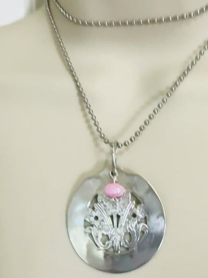 Floral Cutout Spoon Pendant with Freshwater Pearl Charm Handcrafted From Vintage Silverware