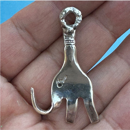 Repurposed Vintage Silver Fork Elephant Pendant Necklace Silver Blend Metalwork