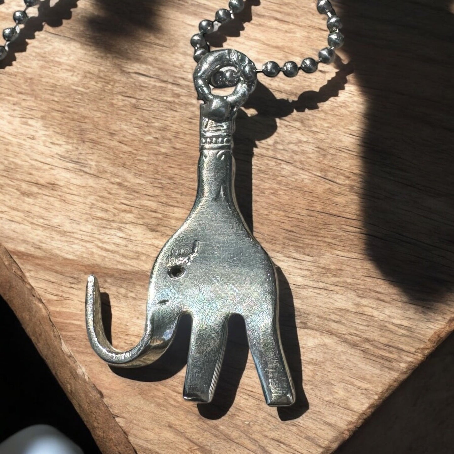 Repurposed Vintage Silver Fork Elephant Pendant Necklace Silver Blend Metalwork