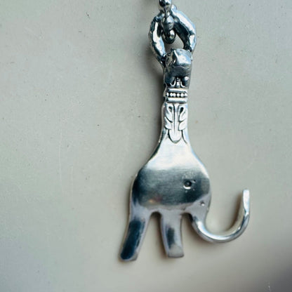 Repurposed Vintage Silver Fork Elephant Pendant Necklace Silver Blend Metalwork