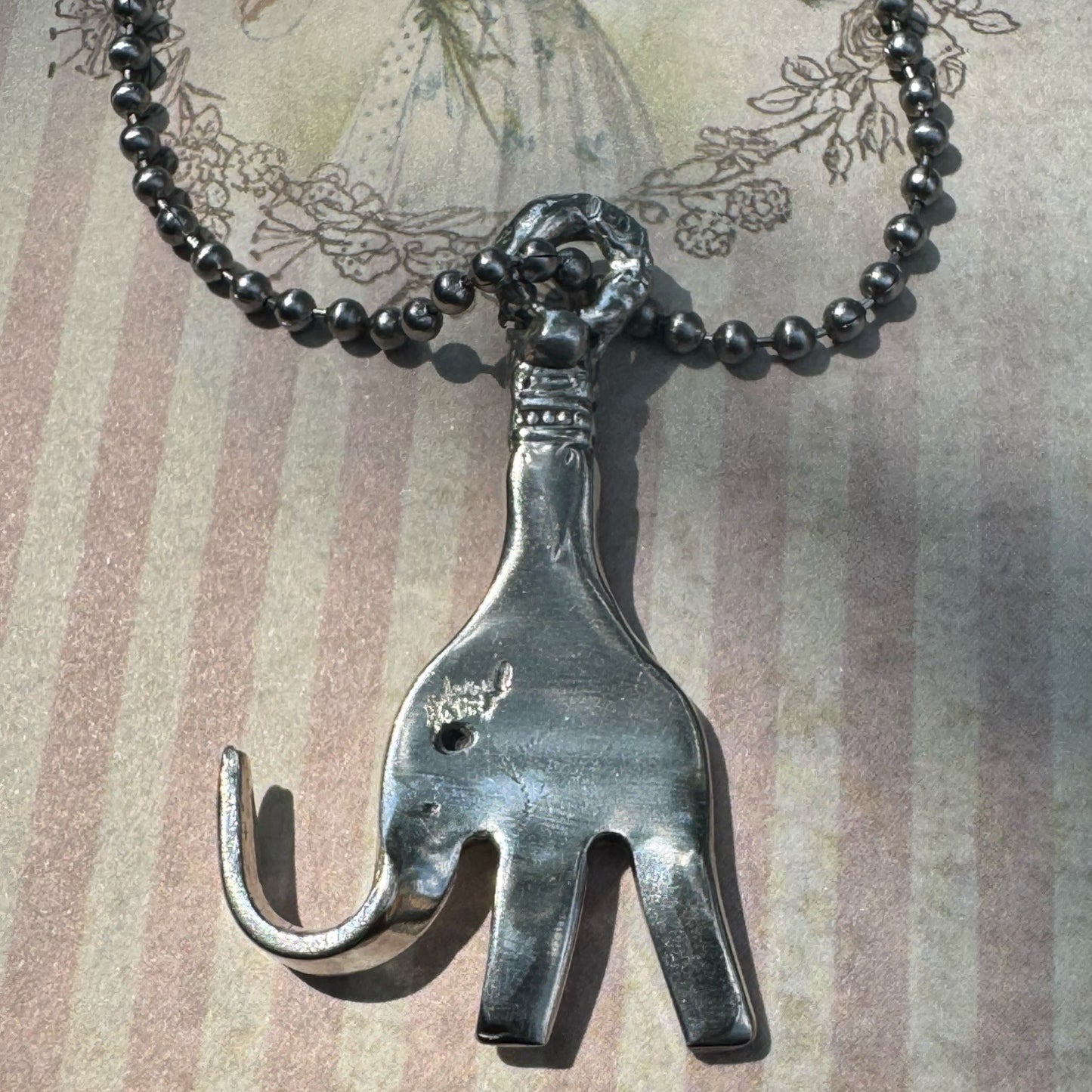 Repurposed Vintage Silver Fork Elephant Pendant Necklace Silver Blend Metalwork